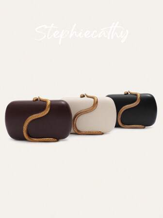 STEPHIECATHY Women's Glamorous Luxury Snake Hardware Decoration Pu Vegan Leather Clutch Brand Design Long Metal Chain Box Shaped Handbag Magnet Closure Cross Body Evening Bag Versatile Elegant Purse For Dinner Cocktail Party Banquet Dating Gift