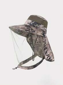 1 Peça Chapéu Balde Camuflado Masculino com Máscara Facial de Tela - Proteção UV e Repelente de Mosquitos para Pesca, Caminhada, Camping