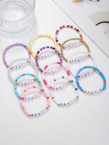 12pcs Colorful Letter Soft Clay Cute Girly Beaded Friendship Bracelet Set, Versatile, Random Colors, Suitable For Girls Daily Wear Or Gift To Best Friends - Multicolor - View 4