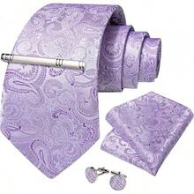 Silk Floral Necktie Set With Tie Clip, Handkerchief & Cufflinks - Lavender Purple - View 3