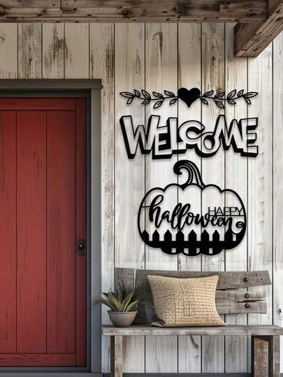 1 st industriell järnplåtskuren Halloweenpumpa i metall väggkonst - tecknad pappersskuren stil svartvit design - "Glad Halloween" handskriven text - pumpastjälk och staket accenter - perfekt för hemvägg/skyltfönster/festdekoration - vintage festivalatmosfär dekor, väggdekor, heminredning, Halloweendekor