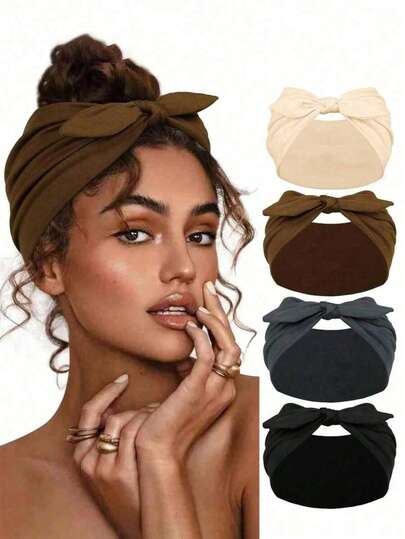 女士发带吸汗带2件套，黑色蝴蝶结设计，加宽发带，女士防滑头巾，运动发饰，聚酯纤维材质，适合美容和休闲场合，秋季配饰，秋冬季度假穿搭，女士优雅围巾，女士头巾，柔软头巾