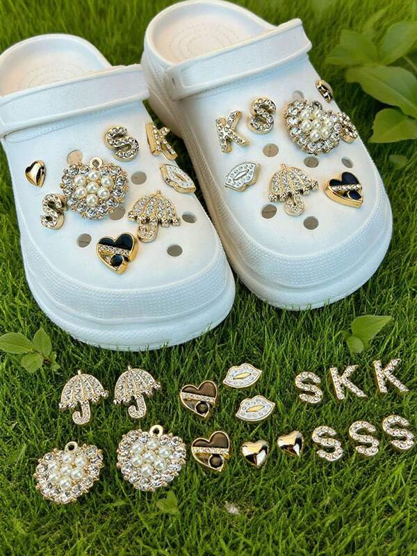 16 piezas de charms brillantes y con brillo para zapatos - diseños de corazón, labios, paraguas y letras iniciales, perfectos para personalizar tu calzado!