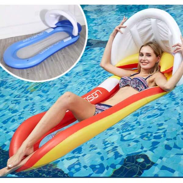 Cama flotante con toldo inflable, tumbona reclinable plegable de PVC, hamaca de agua con respaldo para adultos para exteriores