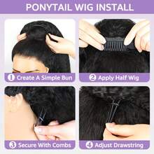3 In 1 Half Wig | Afro Curly Flexible Fit Half Wig With Drawstring Natural Hairline Beginner Friendly Kinky Curly Glueless Wigs With Drawstring Seamless Put On Go Glueless Wig - Natural Black - 查看 8