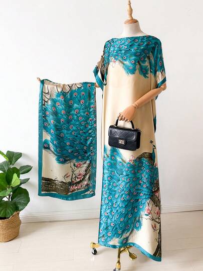 2 piezas Chal/Pareo de seda sintética con estampado de pavo real, en varios estilos, para cubrir sobre vestidos, protección solar, pañuelo de satén, uso multifuncional para mujer