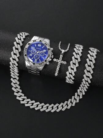 Luxury Diamond Studded Steel Band Quartz Watch, Bling Bling Cuban Link Bracelet Watch Set