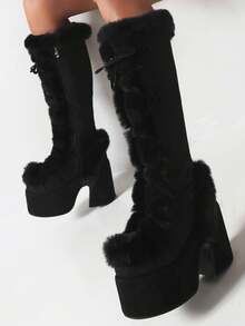Knee High Boots For Womens Side Zipper Warm Faux Fur Platform Chunky Heel Punk Goth Walking Winter Snow Boots - 黑色 - 查看 6