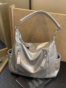 Merlard Retro 2025 磨砂质感大容量时尚百搭单肩包，高端沙滩包，托特包，购物袋，大包，小众质感手提包，拉链双肩带斜挎包 - 銀色 - 查看 4