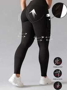 Plus Size Women Mesh Patchwork Yoga Fitness Pants, Mesh Patchwork Pocket Design, Suitable For Yoga, Fitness, Jogging - Black - View 4