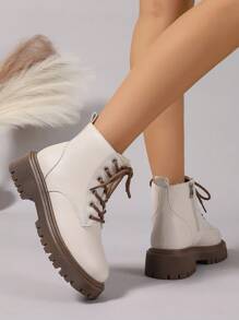 2025 Autumn/Winter New Women's Shoes, Warm Women's Boots, Fashion Versatile Casual Women's Shoes, Leather Ankle Boots, Flat Short Boots, Lace-Up Side Zipper Women's Boots, Classic Boots, Ladies' Shoes