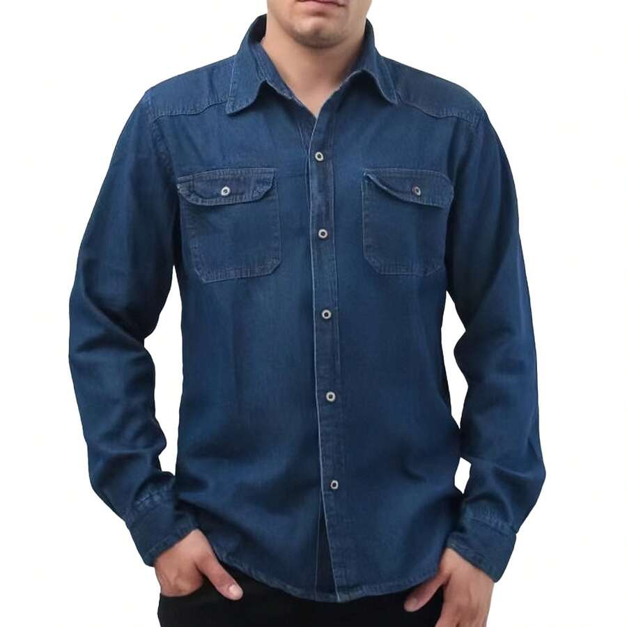 Men's Long Sleeve Denim Shirt With Pocket And Button - Dark Wash - View 1