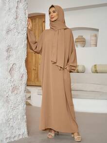 1 件时尚休闲带袖头巾，穆斯林长袍吉尔巴布连衣裙，伊斯兰服装适合女性日常穿着 - 彩色 - 查看 21