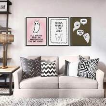 Set Of 3 Cute Ghost Halloween Wall Art Prints, Pink Aesthetic Ghost Poster Set For Bedroom, Living Room, Entryway, Holiday Hosting Decor, Halloween Sign Art For Girl Room Decor, Unframed Canvas Printable Wall Decor, Halloween Fall Autumn Home Decoration, Home Decor Living Room, Pink Halloween Decor