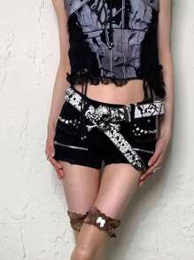 1 件水钻腰带全对比，水钻水钻亮片镶嵌骷髅腰带，适合女士 - 西部牛仔风格，时尚字母图案朋克哥特街头朋克风格闪亮皮革十字架装饰 Y2K 水钻水钻腰带女士日常休闲外出装，派对，舞会，闪亮装饰，外出，送给女友和家人的礼物，秋季，万圣节