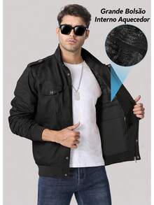 Men's Loose-Fitting Winter Coat With Flap Pockets, Lined With Thick Wool, A Classic And Warm Jacket. - Hitam - View 5
