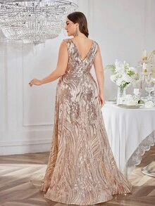 SUPGIR Plus Women's Elegant V-Neck Sleeveless Backless Slim-Fitting Sequin Ball Gown Maxi Evening Dress