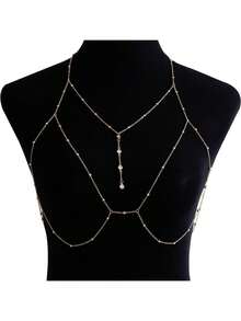 1pc Sexy Body Chain Necklace For Women, Versatile Body Jewelry Chain For Tank Top, Hot Girl Style - Gold - View 2