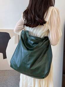 New PU Leather Women's Bag Soft Leather Large Capacity Shoulder Crossbody Bag Retro Casual Tote Bag Stylish Large Capacity Tote Bag For Women, Multi-Functional Shoulder Crossbody Bag With Detachable Strap, Perfect For Travel, Beach Vacation & Daily Use - Green - View 2