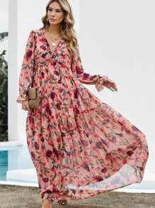 Ladies' V-Neck Floral Long-Sleeve Maxi Dress - Long-Length Waist-Tied Elegant Design - Must-Have Long Dress For Spring/Summer Gatherings, Parties, Dinners & Casual Occasions - 粉色 - 查看 3
