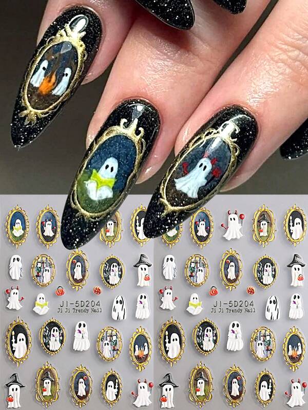 2pcs 5D 3D Ghost Nail Stickers, Fun Ghost Gold Border Embossed Nail Art Patterns, Halloween Nail Art, Cute Nail Decoration, Self-Adhesive Nail Stickers, DIY