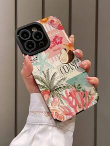 Plant 1pc Summer Coconut Tree Pattern Vertical Faux Leather Anti-Fall Anti-Fingerprint Shockproof Phone Case, Compatible With Apple And Models - Multicolor - View 4