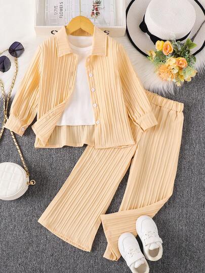 Korean Style New Girls Autumn Outfits Children's Suits Casual Comfortable Long-Sleeved Striped Shirts Two Pieces Set Girls Holiday Clothes