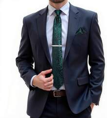 Silk Floral Necktie Set With Tie Clip, Handkerchief & Cufflinks - Green Black - View 3