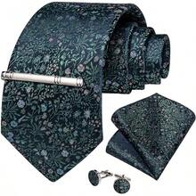 Conjunto de corbata de seda con estampado floral, incluye pinza de corbata, pañuelo y gemelos - Azul marino y verde - View 7