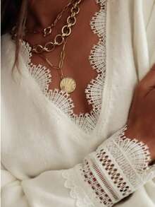 1件纯色针织蕾丝拼接V领长袖套头毛衣，优雅时尚，适合日常和海滩穿着，秋冬白色 - 白色 - 查看 6