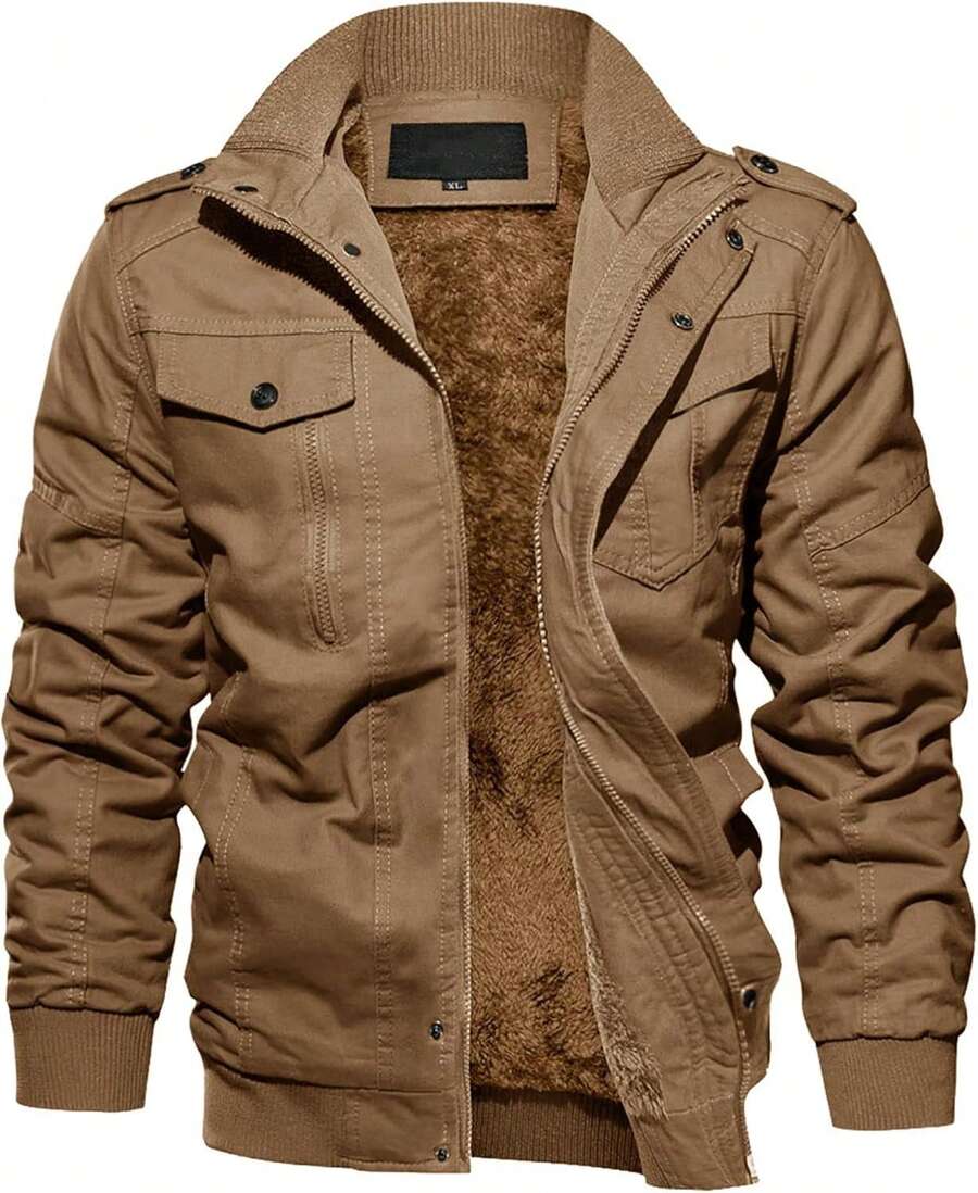 Men's Loose-Fitting Winter Coat With Flap Pockets, Lined With Thick Wool, A Classic And Warm Jacket. - 卡其色 - 查看 1