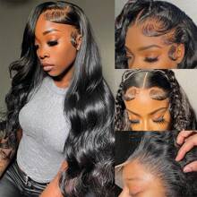VIOLLY 13x4 大面积透明蕾丝前部手工编织真人发假发 200 密度 28 英寸长身体波浪黑色巴西真人发混合假发 - 混合真人发和合成预拔发际线和预漂白隐形结，适合女性在日常或节日场合佩戴