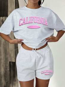 2pcs/Set Plus Size Women Casual Round Neck T-Shirt And Drawstring Pocket Shorts Co-Ord Set