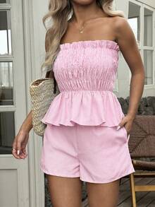 Vaiaye Women's Summer Hawaii Boho Tropical Beach Vacation 2-Piece Set – One-Shoulder Striped Ruffle-Edge Minimalist Everyday Bandeau Top & Shorts, Perfect For Dates, Afternoon Tea, Holidays, Music Festivals And Valentine's Day - Pink - View 2