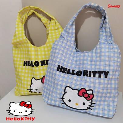 Sanrio Hello Kitty 格纹单肩包，可爱卡通帆布手提包，单肩斜挎包，多功能大容量轻便百搭卡通帆布包。外出、上班、旅行、学生杂物收纳休闲包。