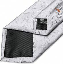 Silk Floral Necktie Set With Tie Clip, Handkerchief & Cufflinks - Silver Flolral - View 6