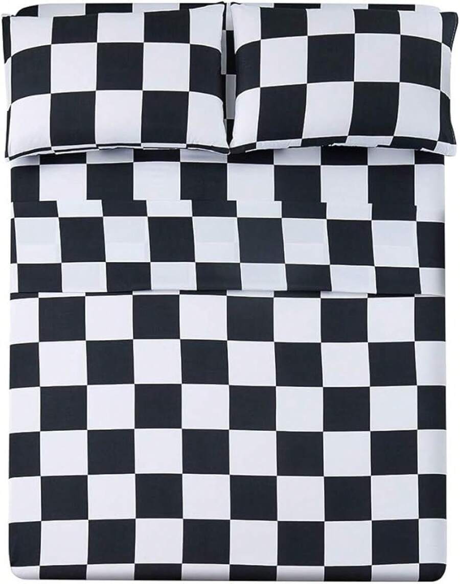 Best Season 4 Piece Bed Sheet Set - Full Size - Soft Microfiber Bedding Sheet Set, Deep Pocket, Stain, Fade & Wrinkle Resistant (Plaid Black & White), Luxury Comfortable - 黑白格子圖案 - 查看 1