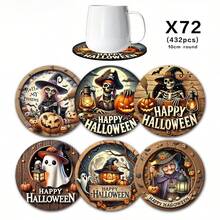 4/6pcs Halloween Pumpkin & Ghoul Round Coasters, Ghost & Witch Design, Holiday Table Decor Heat Insulation Pads, Halloween Decorations, Suitable For Home And Party