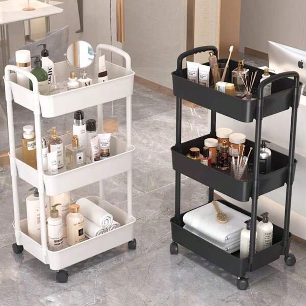 1pc 4-Layer/3 Layer Practical Plastic Trolley With Swivel Wheels, Storage, Shelving, Kitchen Organization, With Handle, Multi-Functional Movable Storage Cart, Applicable For Office, Living Room, Kitchen, Bathroom, Snack And Toy Organizer, Movable Storage Rack With Wheels, Ideal For Home And Office Organization