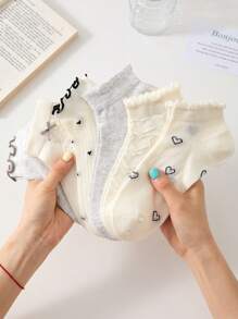 4 双黑白女士荷叶边甜美休闲洛丽塔芭蕾风格踝袜，图案：心形、蝴蝶结，优雅短袜，适合所有季节，随机发货 - 白色 - 查看 11