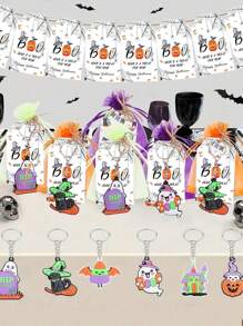 48 Stück/24 Stück Halloween Schlüsselanhänger Geschenkset, enthält 6 Stück Halloween Schlüsselanhänger, 6 Stück Dankeskarten, 6 Stück Organzabeutel und 6 Stück 40cm Leinenbeutel, mit Geist, schwarzer Katze, Fledermaus, Kürbis Mustern, geeignet für Halloween Party Gastgeschenke, Taschenanhänger, Spukhaus Dekorationen, Halloween Dekorationen