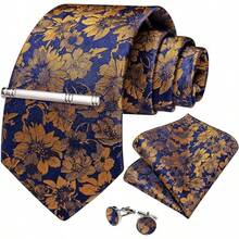 Silk Floral Necktie Set With Tie Clip, Handkerchief & Cufflinks - Blue and Gold - View 3