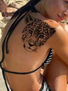 1pc Waterproof Arm & Thigh Fashion Temporary Tattoo Sticker, Animal Leopard Pattern Design, Suitable For Men & Women, Large Size Half Sleeve Tattoo, Temporary Tattoo, Waterproof, Authentic Tattoo Appearance, Niche Design Tattoo - Black - View 2