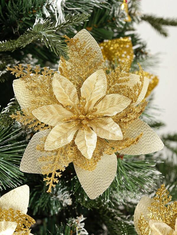 10/20 piezas Decoraciones navideñas de árbol de Navidad con flores de purpurina (con clips), decoración floral artificial para árbol de Navidad, fiesta, corona, decoración exterior de Año Nuevo (Dorado)