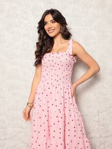 Long Dress With Elastic Straps / Crepe Polka Dot / 94% Polyester, 6% Elastane - Berwarna merah muda - View 5