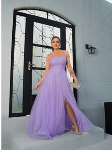 Sparkly Party Dress With Square Neckline, Elegant Debutante Prom Wedding - 紫丁香 - 查看 1