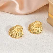 1 Pair Stainless Steel Textured Shell Large Stud Earrings, Unique 18K Gold Color Geometric Metal Waterproof Luxury Jewelry
