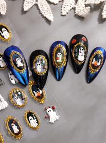 2pcs Frame Ghost 5D Nail Art Stickers Funny Ghost Gold Frame Embossed Nail Pattern Halloween Nails Cute Nail Art Decoration Self-Adhesive Nail Stickers DIY