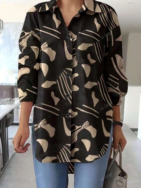Camisa de manga larga de ajuste holgado con botones y estampado total para mujer