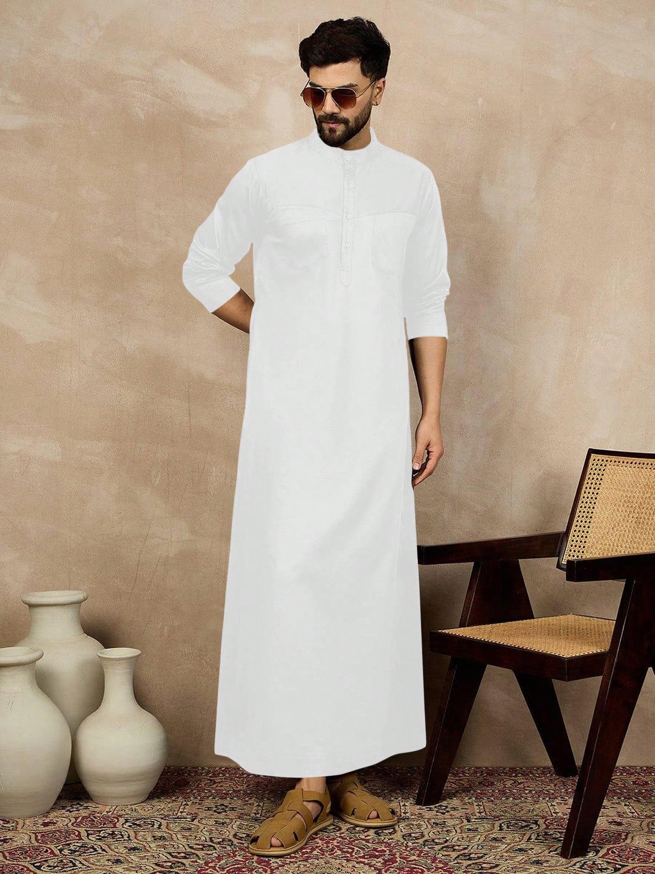 ثوب رجالي كاجوال أحادي اللون للارتداء اليومي، ذو ي...